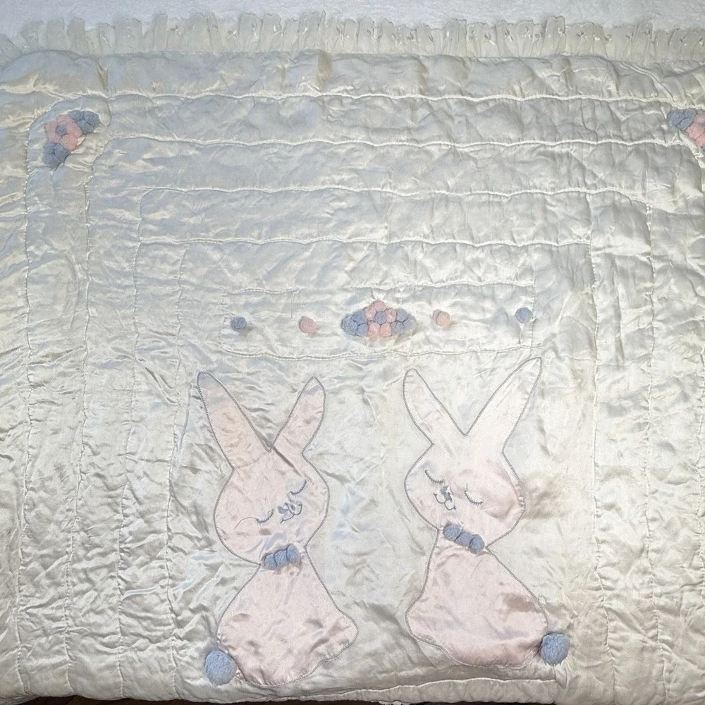 Vintage‎ Satin Bunny Baby Blanket Lace Trim Shabby Chic Repair Project 43x54
